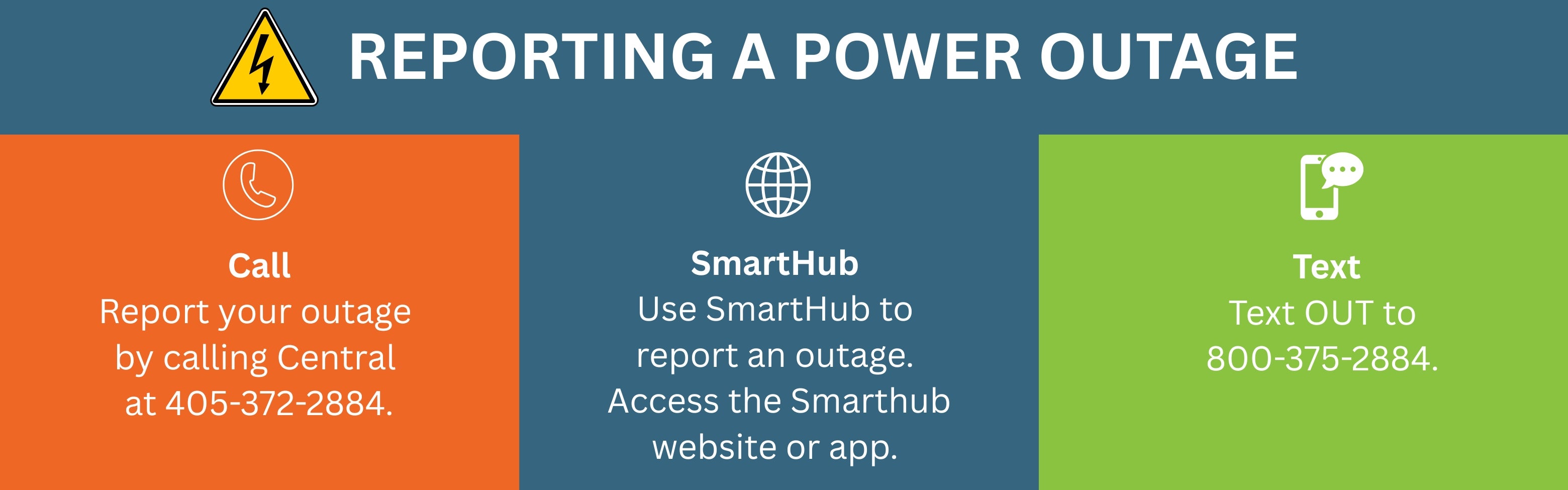 Report a power outage by calling, texting or using SmartHub. Click to learn more. 