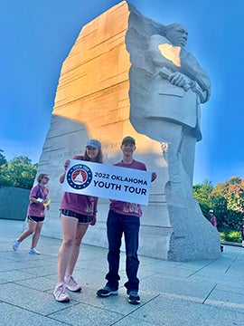 Youth Tour winners Isaac Ochsner and Bailey Ramsey visit monuments in Washington D.C. with other participants from cooperatives across the nation in June.