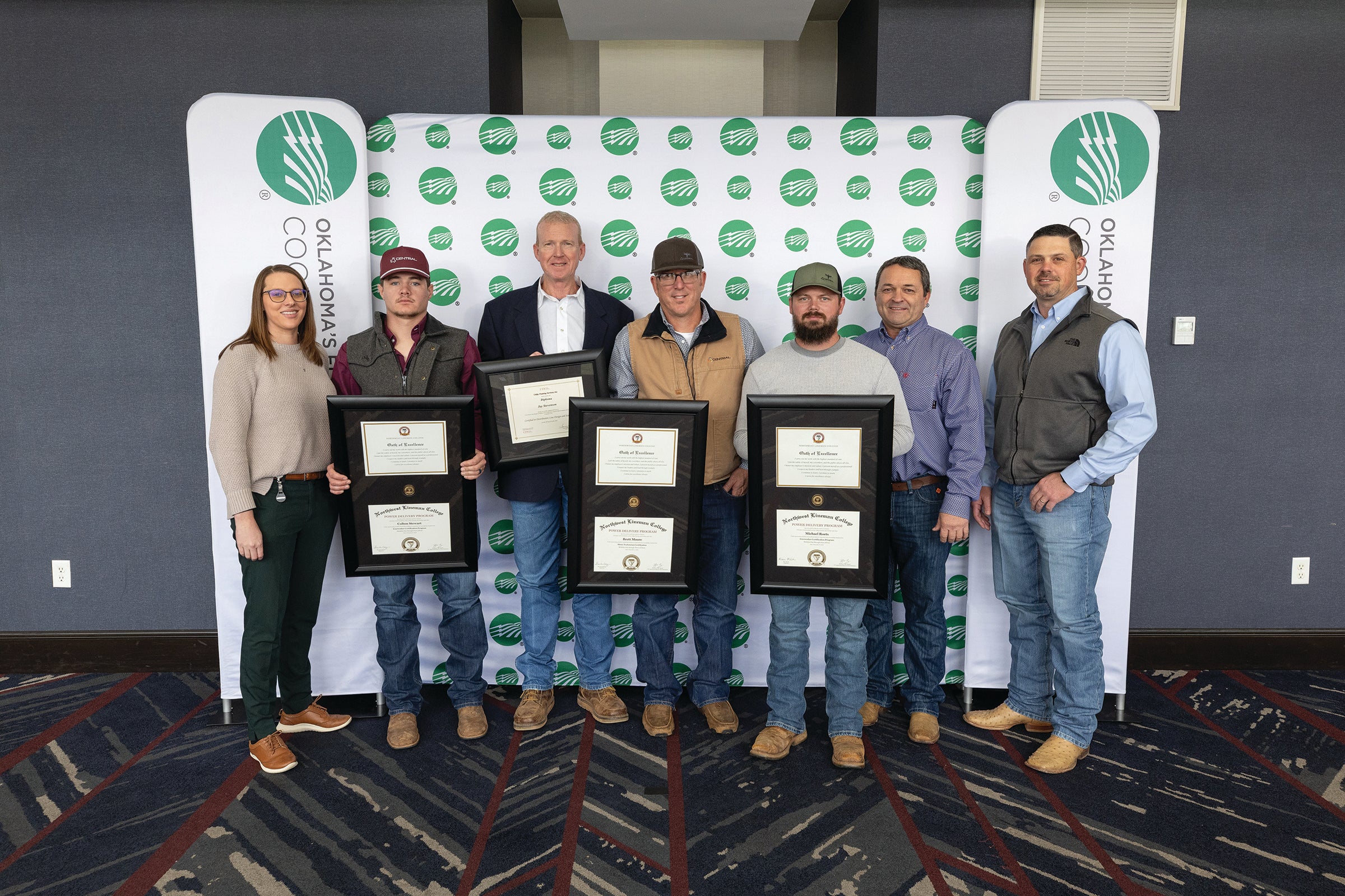Pictured left to right: Cortney Branham, director of engineering services; Colton Stewart, lineman; Jay Stevenson, engineering services technician; Brett Moore, electrical equipment technician; Michael Roets, lineman; Dewayne Drury, director of operations; and Shane Burgess, CEO.