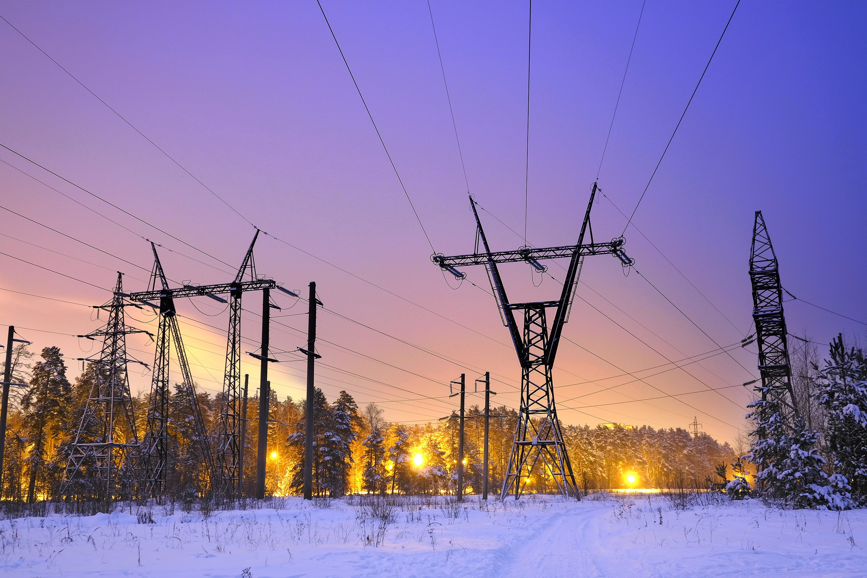 Power lines in a winter scene. 